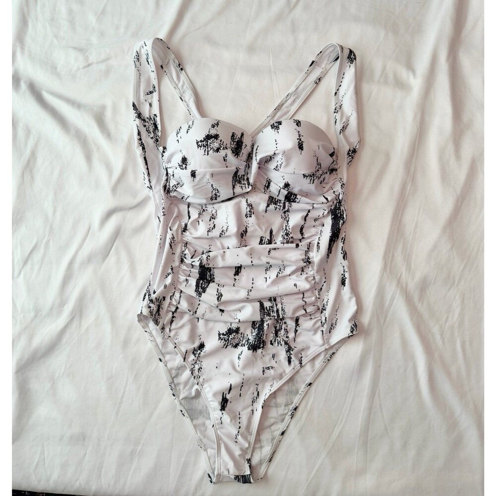 Women’s white and black ruched stomach one piece swimsuit